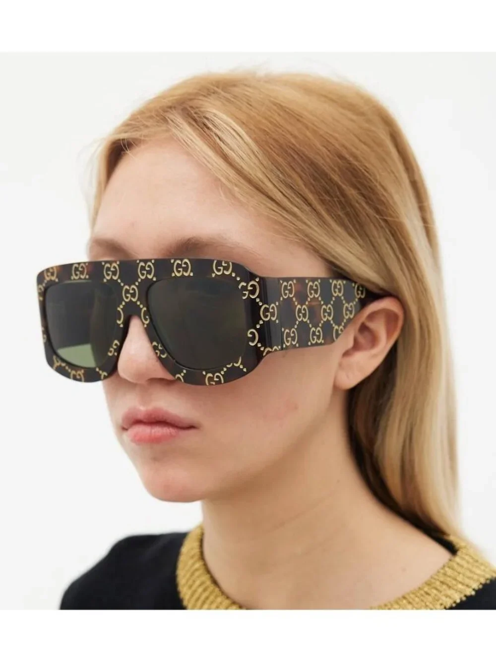Gucci GG0983S 004 Square Sunglasses - Black With Gold GG Pattern / Grey